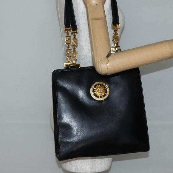 Gianni Versace Chain Tote Bag Leather Black Gold Auth bs29493