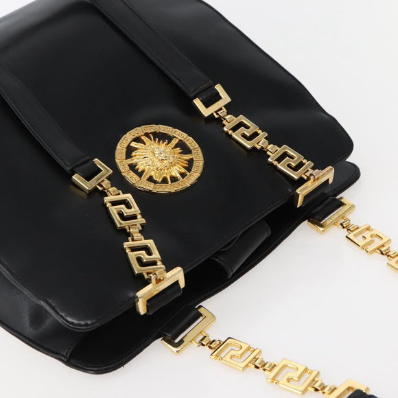 Gianni Versace Chain Tote Bag Leather Black Gold Auth bs29493
