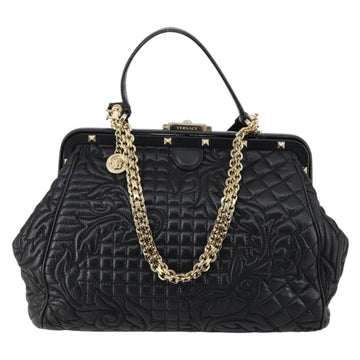 Gianni Versace Hand Bag Leather 2way Black Gold Auth bs29494 - 0