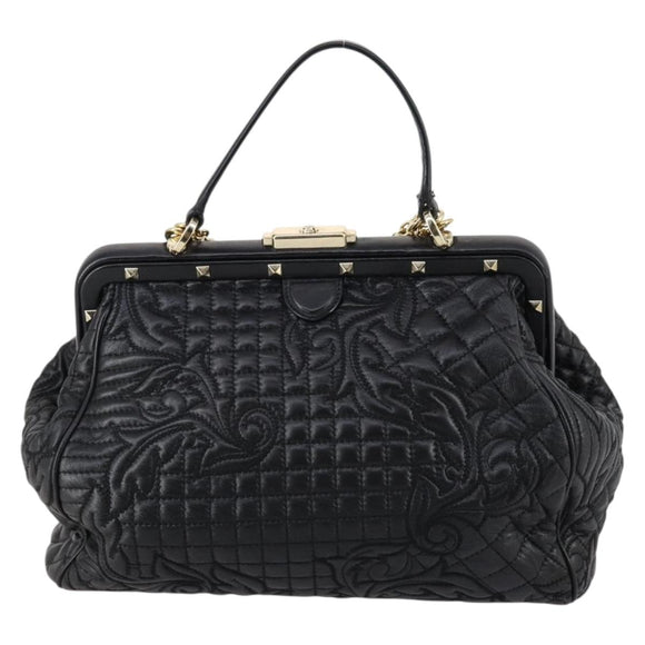 Gianni Versace Hand Bag Leather 2way Black Gold Auth bs29494