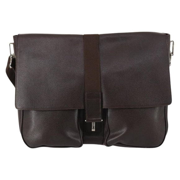 BVLGARI Shoulder Bag Leather Dark Brown Silver Auth bs29535