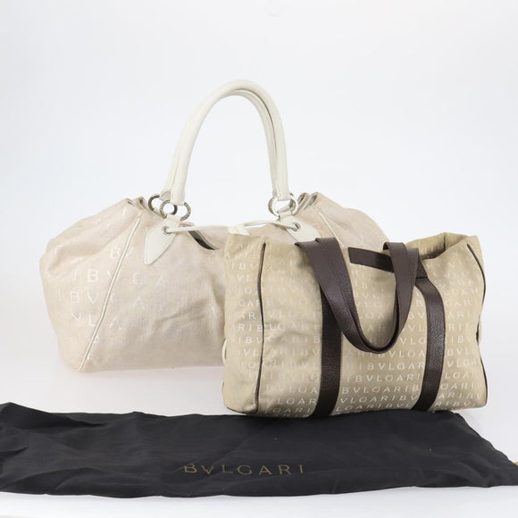 BVLGARI Logo Mania Hand Bag Canvas 2 Set Beige Brown Auth bs29563