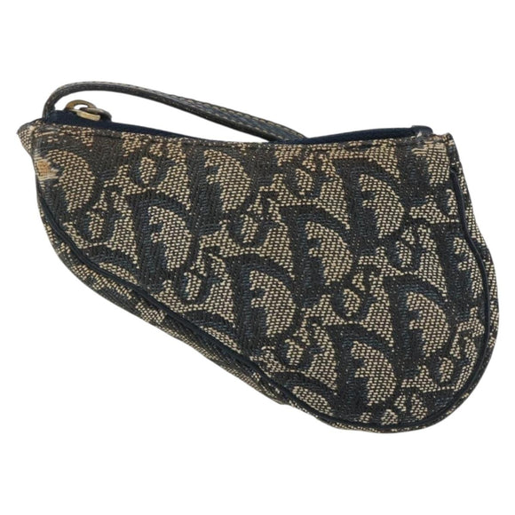 Christian Dior Trotter Canvas Saddle Coin Purse Navy Gold Auth bs29582