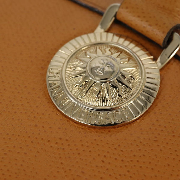 Gianni Versace Sunface Hand Bag Leather 2way Beige Gold Auth bs29583