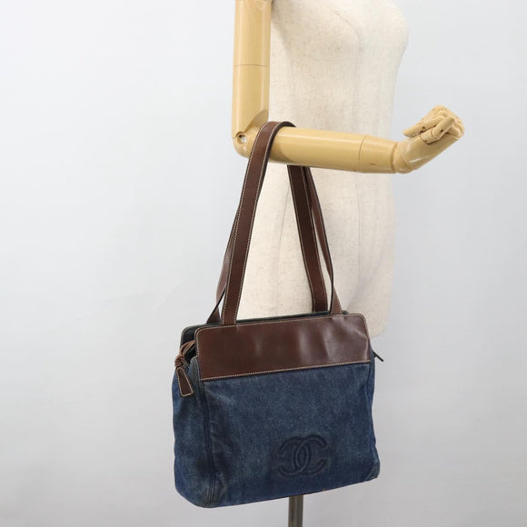 CHANEL Shoulder Bag Denim Blue Brown CC Auth bs29592