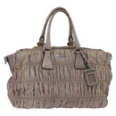 PRADA Gathered Hand Bag Leather Gray Silver Auth bs29593-1
