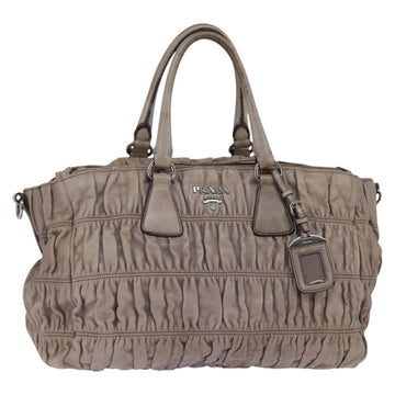 PRADA Gathered Hand Bag Leather Gray Silver Auth bs29593