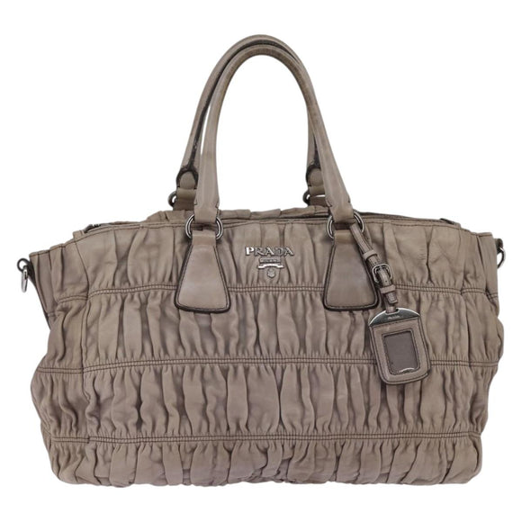 PRADA Gathered Hand Bag Leather Gray Silver Auth bs29593
