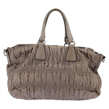 PRADA Gathered Hand Bag Leather Gray Silver Auth bs29593 - 0
