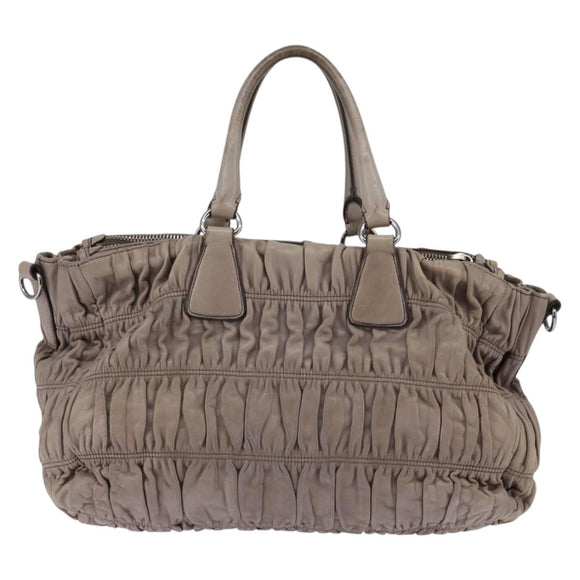 PRADA Gathered Hand Bag Leather Gray Silver Auth bs29593