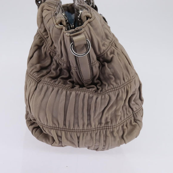 PRADA Gathered Hand Bag Leather Gray Silver Auth bs29593