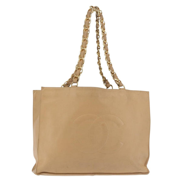 CHANEL COCO Mark Chain Tote Bag Lamb Skin Beige Gold CC Auth bs29597