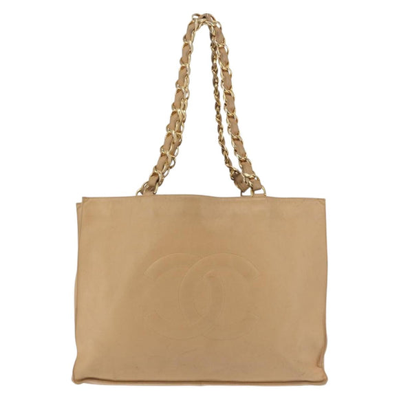 CHANEL COCO Mark Chain Tote Bag Lamb Skin Beige Gold CC Auth bs29597