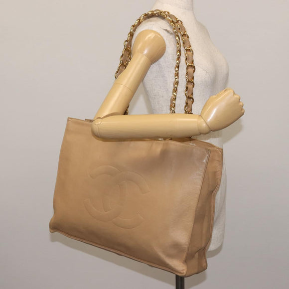CHANEL COCO Mark Chain Tote Bag Lamb Skin Beige Gold CC Auth bs29597