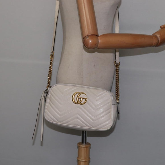 GUCCI GG Marmont Shoulder Bag Leather White Gold 447632 Auth bs29614