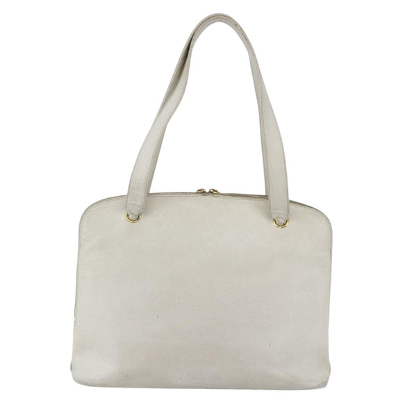 CHANEL Tote Bag Caviar Skin White Gold CC Auth bs29628