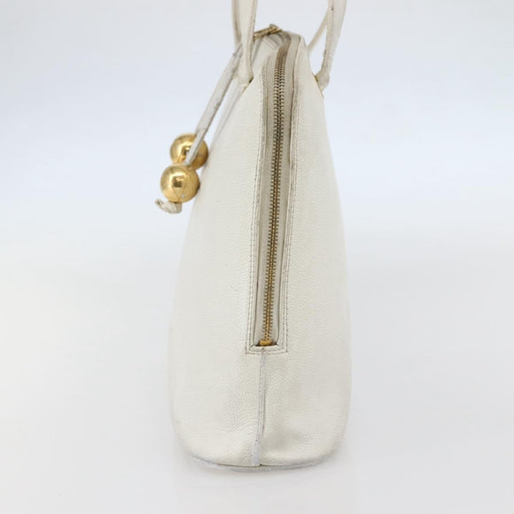 CHANEL Tote Bag Caviar Skin White Gold CC Auth bs29628