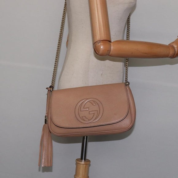 GUCCI Chain Shoulder Bag Leather Beige Gold 536224 Auth bs29635