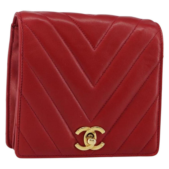 CHANEL V Stitch Waist Bag Lamb Skin Red Gold CC Auth bs29640