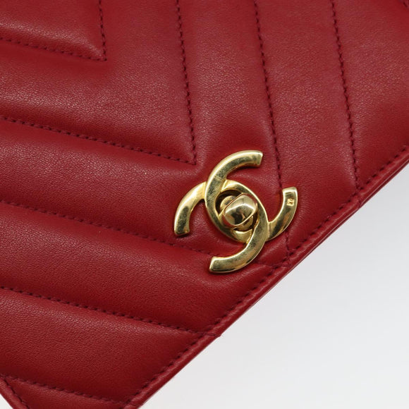 CHANEL V Stitch Waist Bag Lamb Skin Red Gold CC Auth bs29640