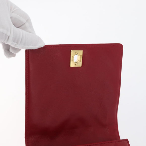 CHANEL V Stitch Waist Bag Lamb Skin Red Gold CC Auth bs29640