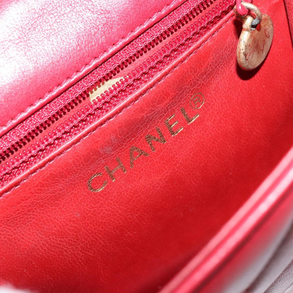 CHANEL V Stitch Waist Bag Lamb Skin Red Gold CC Auth bs29640