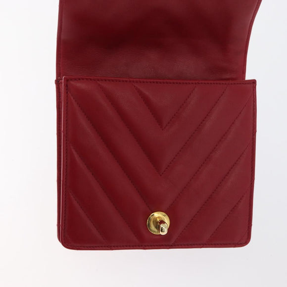 CHANEL V Stitch Waist Bag Lamb Skin Red Gold CC Auth bs29640
