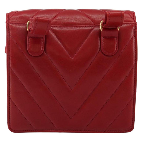 CHANEL V Stitch Waist Bag Lamb Skin Red Gold CC Auth bs29640