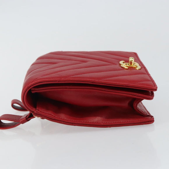 CHANEL V Stitch Waist Bag Lamb Skin Red Gold CC Auth bs29640