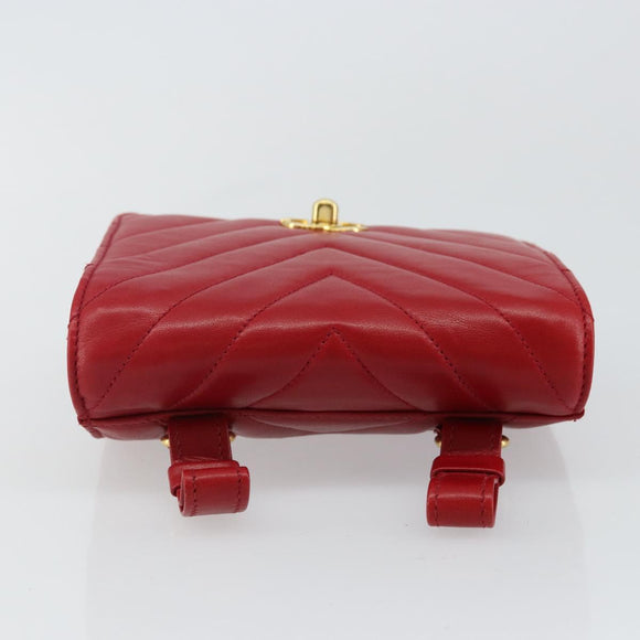 CHANEL V Stitch Waist Bag Lamb Skin Red Gold CC Auth bs29640