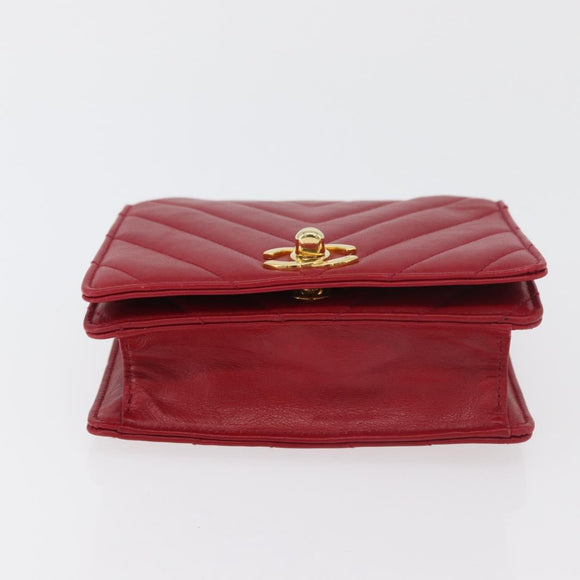 CHANEL V Stitch Waist Bag Lamb Skin Red Gold CC Auth bs29640
