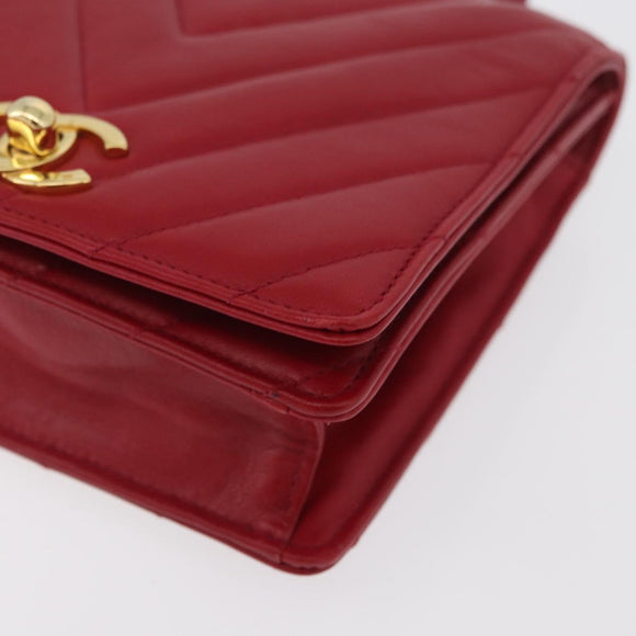 CHANEL V Stitch Waist Bag Lamb Skin Red Gold CC Auth bs29640