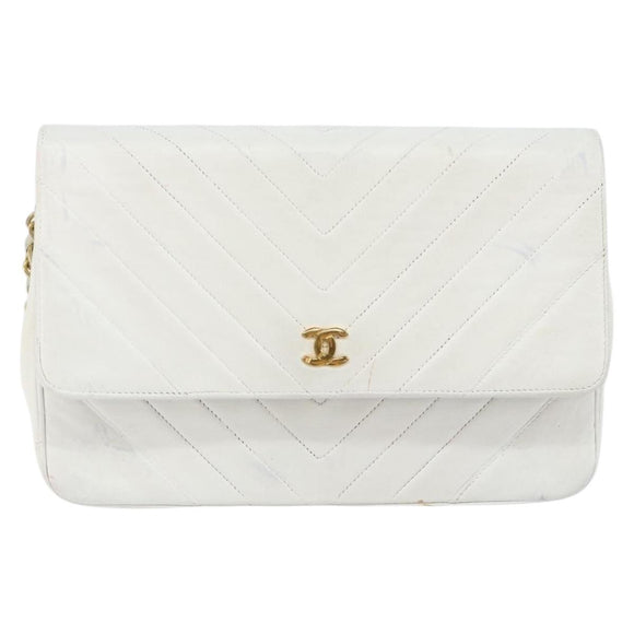 CHANEL Chain Shoulder Bag Lamb Skin White Gold CC Auth bs29641