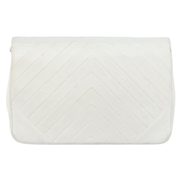 CHANEL Chain Shoulder Bag Lamb Skin White Gold CC Auth bs29641