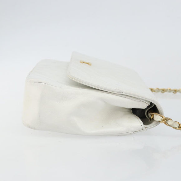 CHANEL Chain Shoulder Bag Lamb Skin White Gold CC Auth bs29641