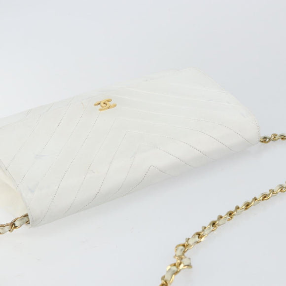 CHANEL Chain Shoulder Bag Lamb Skin White Gold CC Auth bs29641