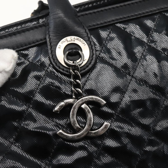 CHANEL Tote Bag Coated Canvas Black Silver CC Auth bs29643