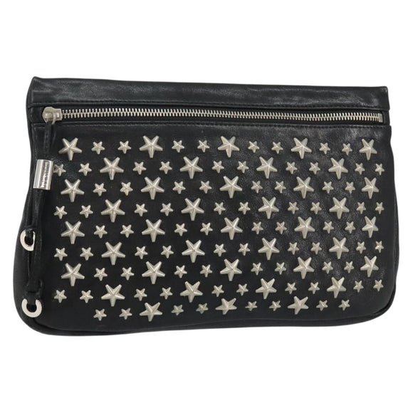 Jimmy Choo Star Studs Clutch Bag Leather Black Silver Auth bs29658