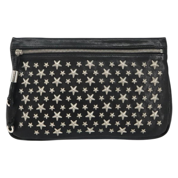 Jimmy Choo Star Studs Clutch Bag Leather Black Silver Auth bs29658