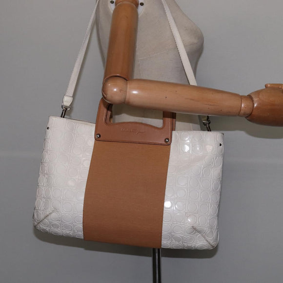 Salvatore Ferragamo Gancini Hand Bag Patent leather 2way White Gold Auth bs29662