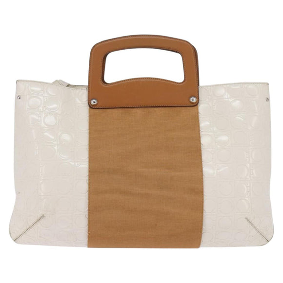 Salvatore Ferragamo Gancini Hand Bag Patent leather 2way White Gold Auth bs29662