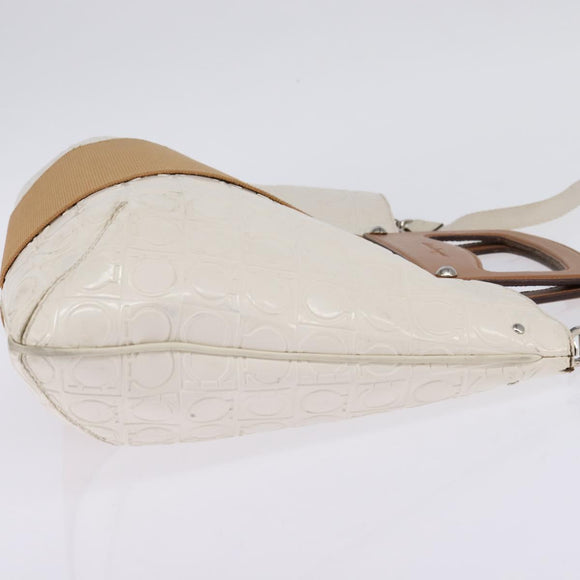 Salvatore Ferragamo Gancini Hand Bag Patent leather 2way White Gold Auth bs29662