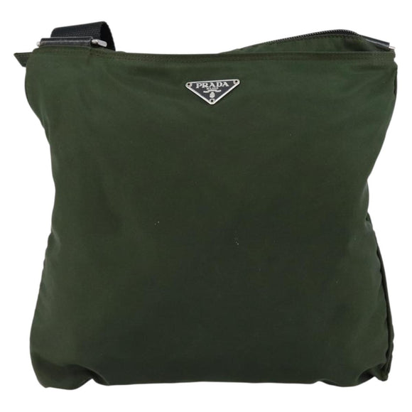 PRADA Shoulder Bag Nylon Khaki Silver Auth bs29677
