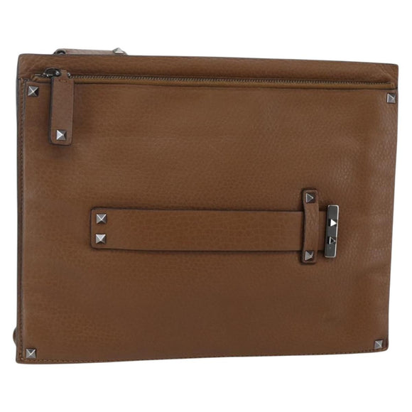 VALENTINO Clutch Bag Leather Brown Silver Auth bs29681