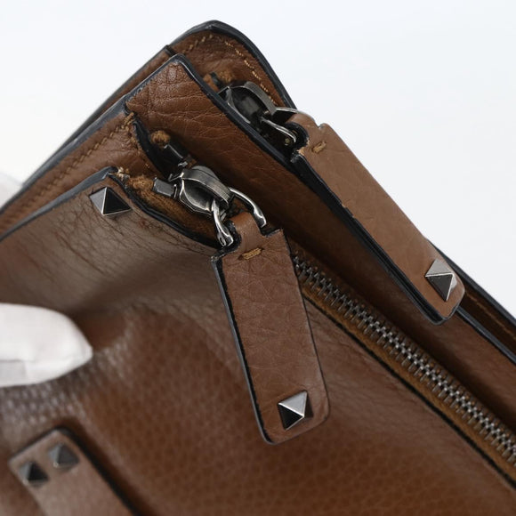 VALENTINO Clutch Bag Leather Brown Silver Auth bs29681