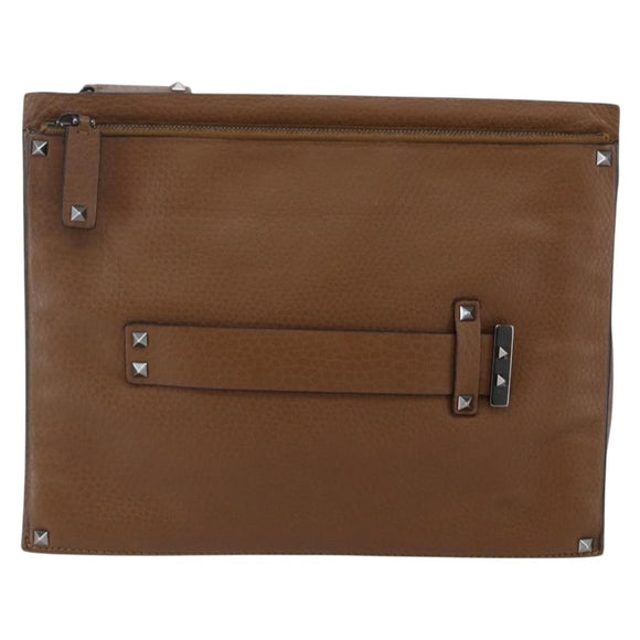 VALENTINO Clutch Bag Leather Brown Silver Auth bs29681
