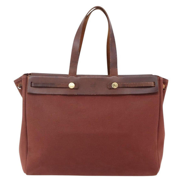HERMES Herbag Cabas GM Tote Bag Canvas Leather Brown Gold Auth bs29683