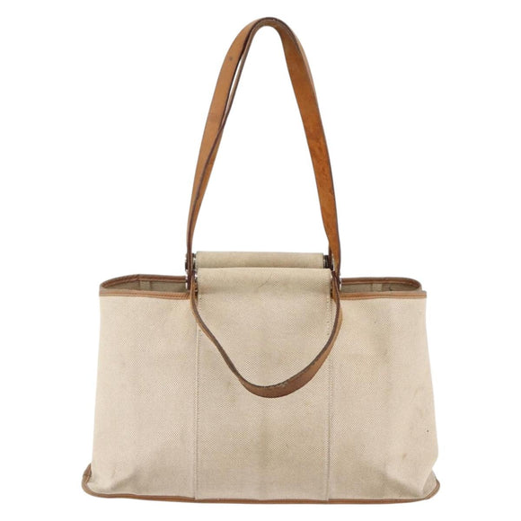 HERMES Kabak Elan PM Shoulder Bag Canvas Leather Beige Brown Silver Auth bs29688