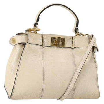 FENDI Mini Peek A Boo Hand Bag Leather 2way Ivory gold Auth bs29739