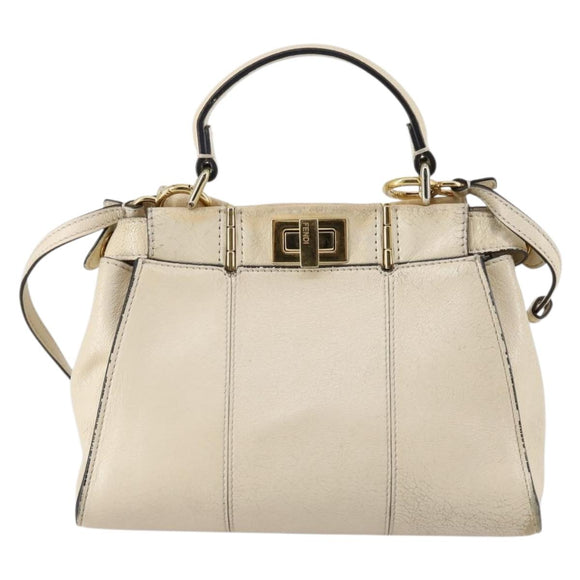 FENDI Mini Peek A Boo Hand Bag Leather 2way Ivory gold Auth bs29739